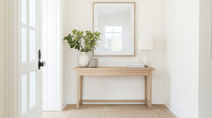 A stylish entryway features wooden console table adorned with vase of greenery, lamp, and decorative items, creating welcoming atmosphere
