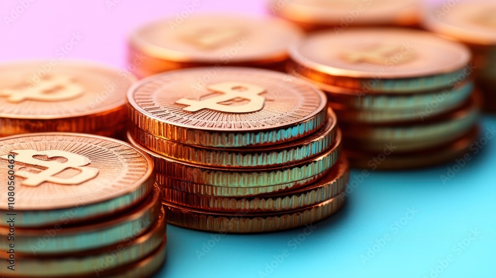 Poster stacked coins with a dollar symbol on a colorful background.