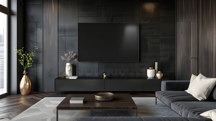Minimalist Black Wooden Living Room with Frame Mockup and 3D Rendering