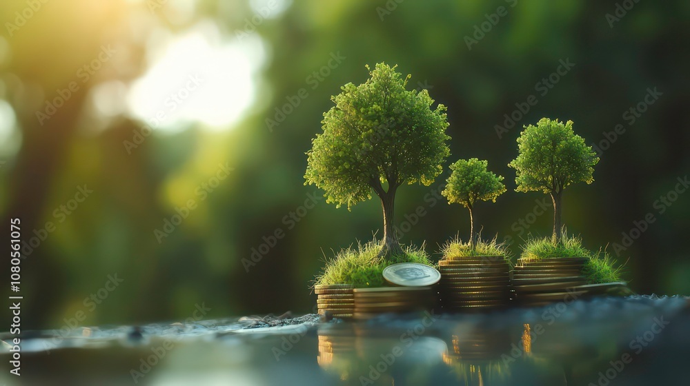 Aufkleber Three small trees growing on top of stacks of gold coins with a blurred green background.
