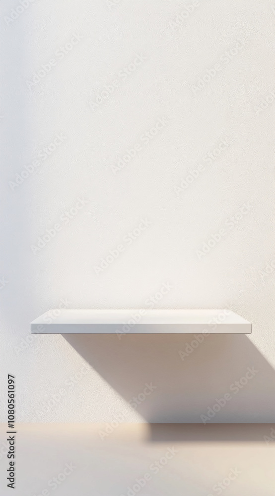 Poster a white shelf is mounted against a white wall. light shines in, casting a shadow beneath the shelf