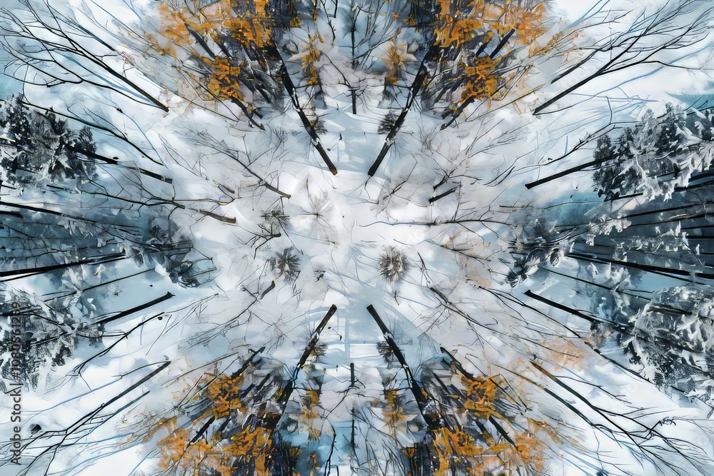 Poster a snow covered forest with trees in the background. the trees are bare and the snow is deep