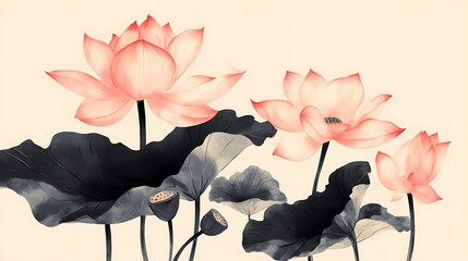 A design featuring stylized lotus flowers in a minimalist Japanese ink painting style 
