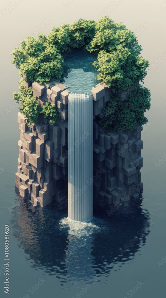 Aufkleber a 3d rendering of a small island with a waterfall cascading into the sea.