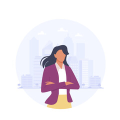 Woman in business concept. Female character in suit standing with crossed arms on the city background