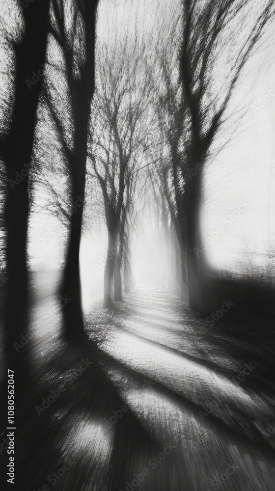 Poster a forest with trees and a path. the trees are dark and the path is light