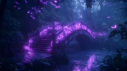 Fototapeta premium 3D Illustration - Enchanted Forest Bridge, Purple Lights, Night, Butterfly, Stream
