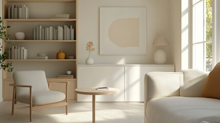 A serene and modern living room featuring light color palette, minimalist furniture, and natural light. space includes cozy chair, round table, and decorative elements that enhance its calm atmosphere