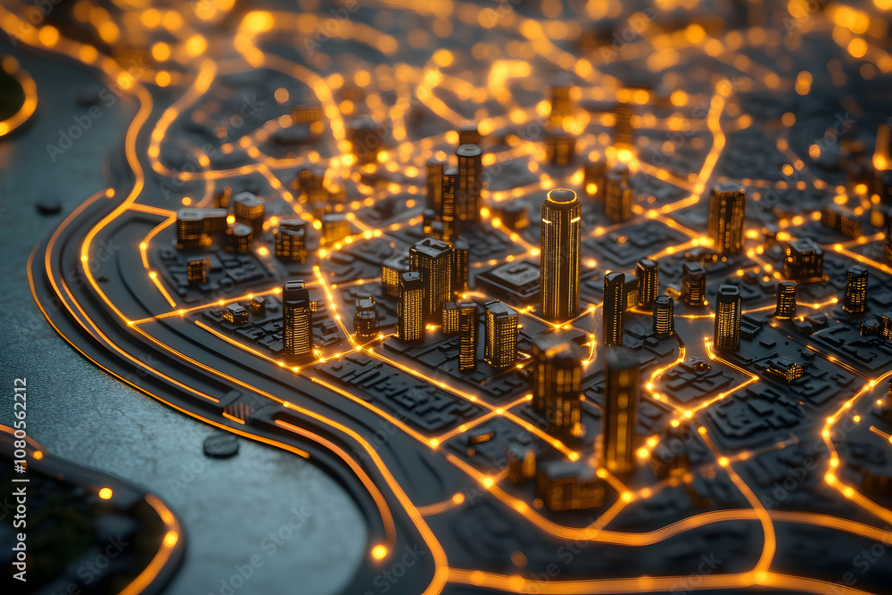 Poster abstract digital city map with glowing nodes and futuristic network visualization