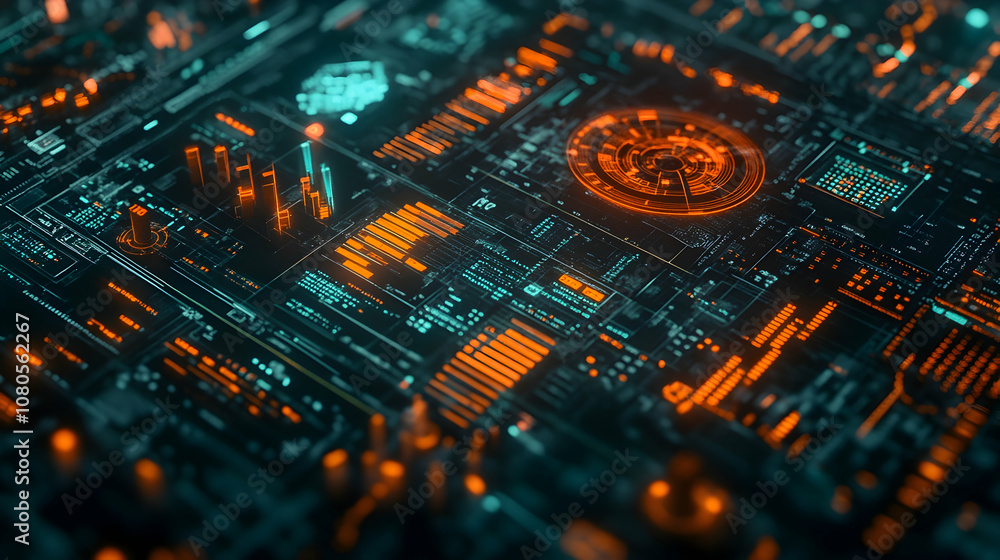 Poster futuristic holographic display with 3d charts and neon colors on a dark background