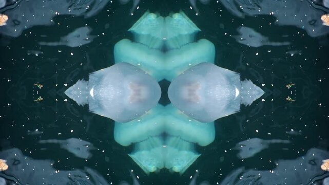 Surreal barrel jellyfish with natural colors  in slow motion at dirty water surface, abstract art, kaleidoscope effect
