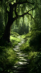 Obraz premium Illustration - Enchanting Forest Path with Willow Tree