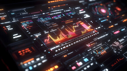 Photorealistic holographic financial dashboard with dynamic teal and orange charts