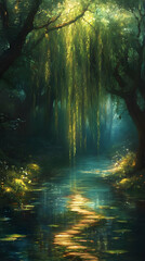 Obraz premium Illustration - Enchanted Forest River, Sunlight, and Willow Trees