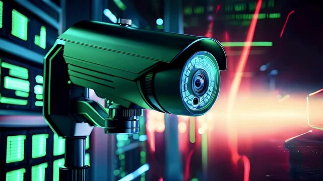 Security camera mounted on a wall with a row of green lights in the background.