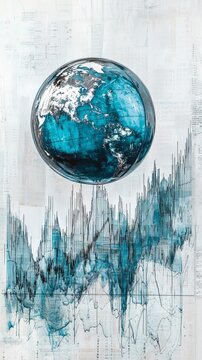 A globe with a blue tint surrounded by fluctuating line graphs, capturing the essence of global financial movements and analytical design in a futuristic style.