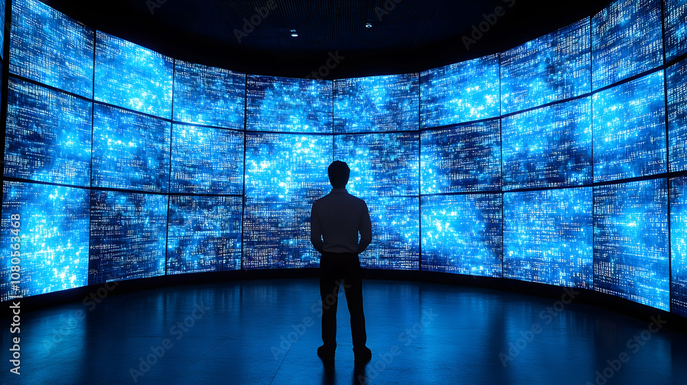 Poster businessman viewing massive curved wall of digital data streams in dark setting