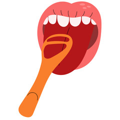 Open mouth with tongue scraper for cleaning tongue. Healthy lifestyle and dental care.