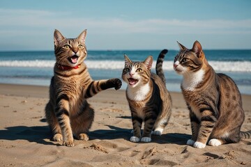 Happy Cat Enjoying Beach Playtime with Friends