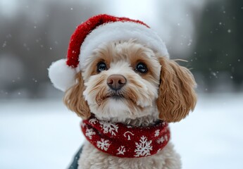 Cute puppy wearing a Santa hat sitting on snow in a winter city, a Christmas concept. A cute little golden doodle dog with a red scarf 