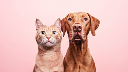 Portrait of a ginger cat and a brown dog looking forward against a soft pink background, showcasing companionship among pets