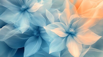 A modern design showcasing overlapping translucent flower shapes creating an ethereal, abstract floral background 
