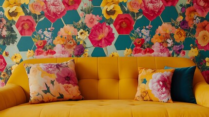 A modern wallpaper combining geometric shapes like hexagons with embedded floral designs in bold colors 
