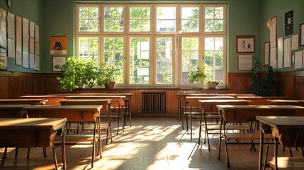 Obraz premium Classroom interior with wooden chairs and desks. Student studying lessons in secondary education. Generated stock