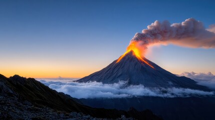 Fototapeta premium Erupting volcano at sunset, showcasing nature's power and beauty.