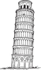 Pisa Tower Italy Travel, Linear Drawing Sketched Art Black and White Vector Illustration