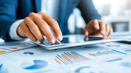 Efficiently analyzing data, business professional uses tablet to review charts and graphs, showcasing modern workspace filled with financial insights and strategic planning