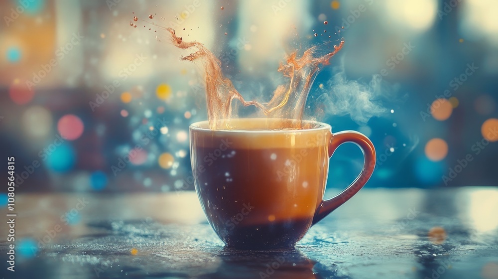 Poster a steaming coffee cup with a splash, surrounded by colorful bokeh lights, creating a warm and inviti