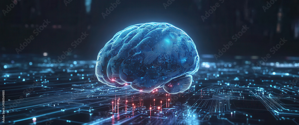Aufkleber abstract futuristic digital brain on a circuit board background with glowing connections and lights,