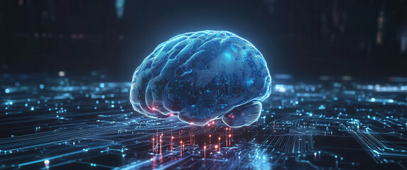 Abstract futuristic digital brain on a circuit board background with glowing connections and lights, an AI concept design element for artificial intelligence technology.