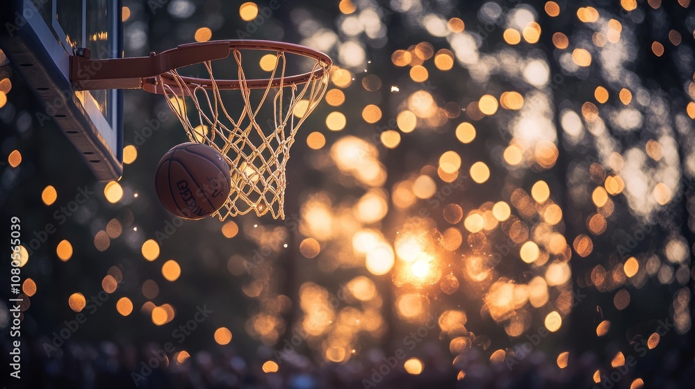 Poster a basketball swishes through the net with a beautiful bokeh effect of the sunset in the background.