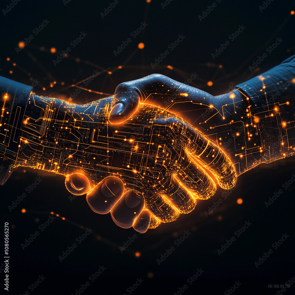 Poster two glowing hands, made of circuits and light, shake hands against a dark background. this image rep