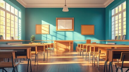 Classroom interior with wooden chairs and desks. Student studying lessons in secondary education. 