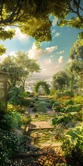 A beautiful garden pathway surrounded by lush greenery and vibrant plants under a bright, sunlit sky, creating a serene and tranquil outdoor environment.