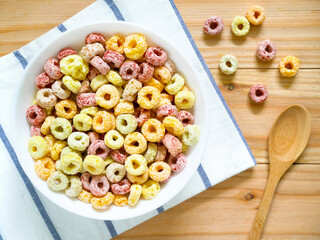 Colorful fruity breakfast cereal in a bowl
