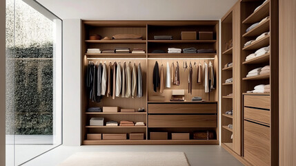 A modern wooden wardrobe with neatly organized clothing and accessories, showcasing minimalist design. warm tones and soft lighting create serene atmosphere