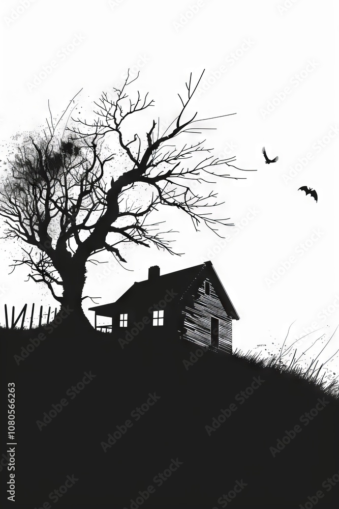 Poster a house is on a hill with a tree in front of it. there are two bats flying in the sky