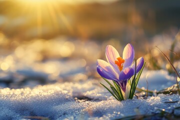 Crocus blossoms emerging from melting snow with sunlight, signifying the arrival of spring