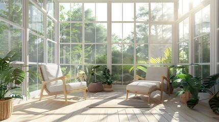 Fototapeta premium Minimalist Sunroom With Glass Decor and Clean Minimalist Interior 3D Rendering