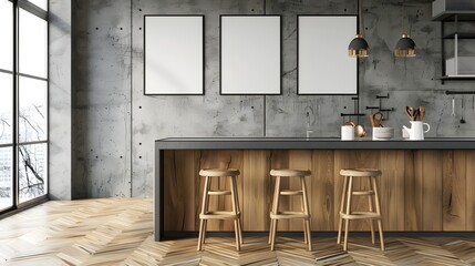 Minimalist Wooden Stools in Modern Kitchen Interior 3D Rendering