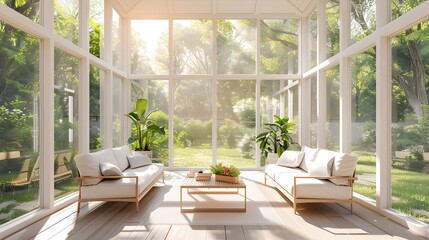 Fototapeta premium Minimalist Sunroom with Glass Furniture and Clean Interior Design
