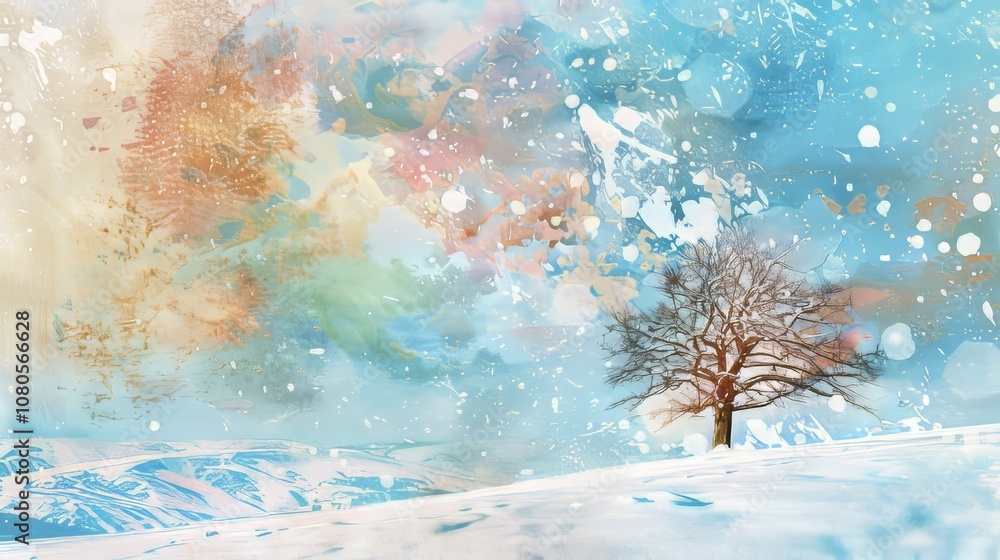 Poster a tree is standing in the snow. the snow is white and the sky is blue. the tree is the only object i