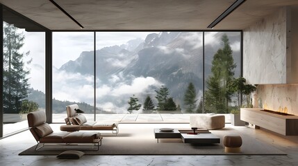 Fototapeta premium Sleek Minimalist Mountain Retreat with Clean Modern Design and 3D Rendered Interior