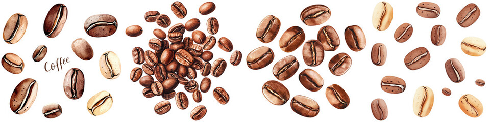 Coffee lover and beans addict, A variety of coffee beans in different sizes and orientations, showcasing their rich colors and textures.