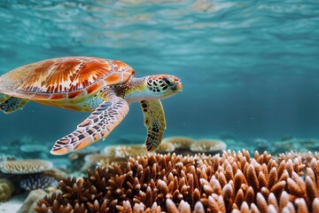 Fototapeta premium Marine Protected Areas are crucial for effective ocean conservation. A green sea turtle swims gracefully above coral reefs, surrounded by clear blue water, showcasing the beauty of marine life.