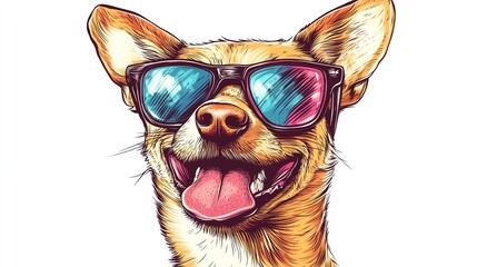 a 2D cartoon illustration of a happy dog wearing sunglasses, fun and cool, white background--ar 16:9